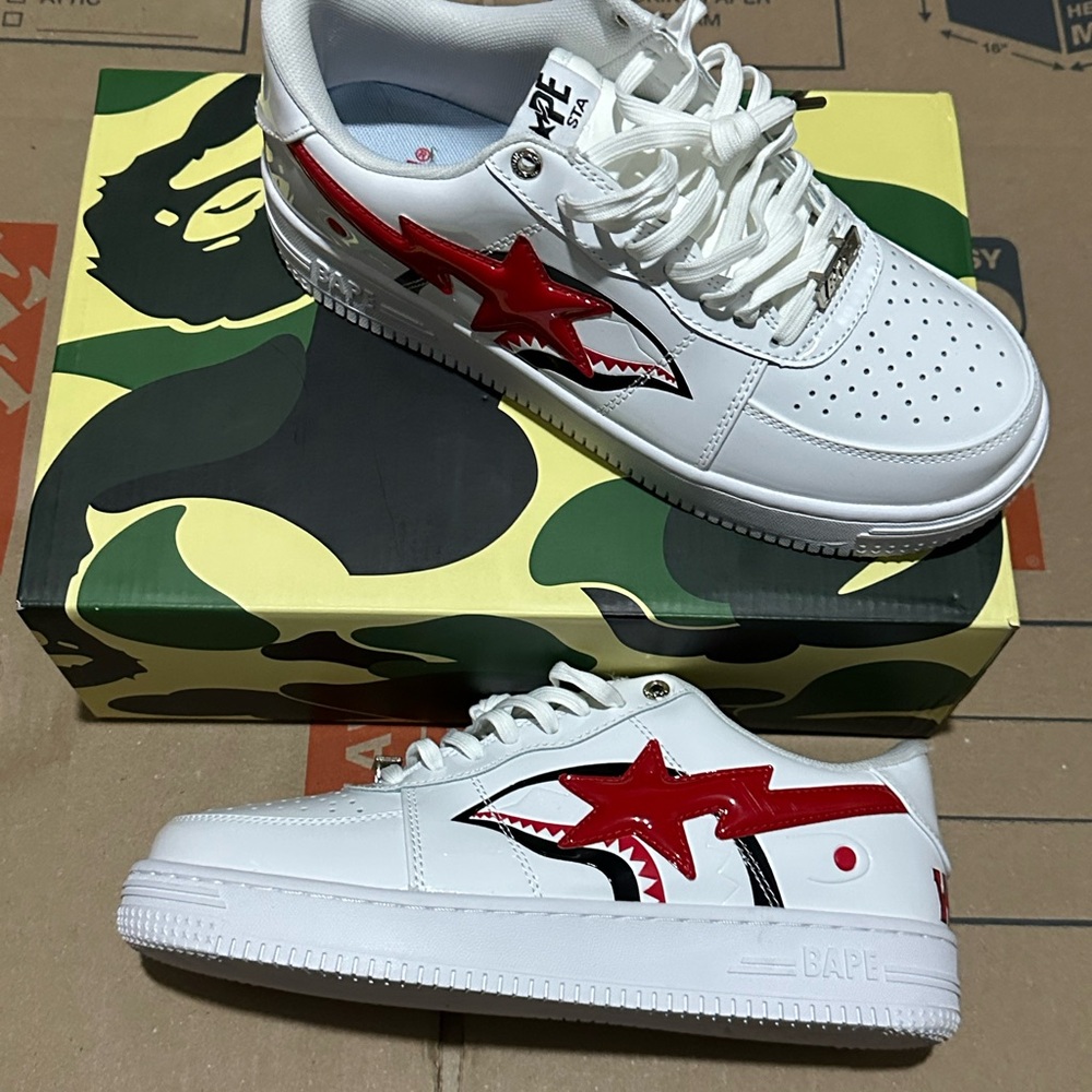 Bape Red and White Shark Sneakers